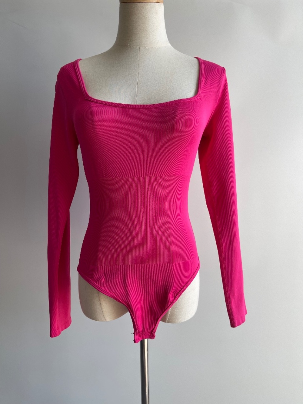 MANGOPOP Hot Pink Ribbed Square Neck Bodysuit Long Sleeve Stretch L